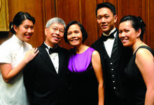 (From top) Conrad H. Lung ’72 (second from left) is joined in celebration by (from left) daughter Stephanie ’04, wife Yin Yee Lung ’74 Barnard, son Jonathan ’05E and daughter Jennifer ’01E, ’08 P&S